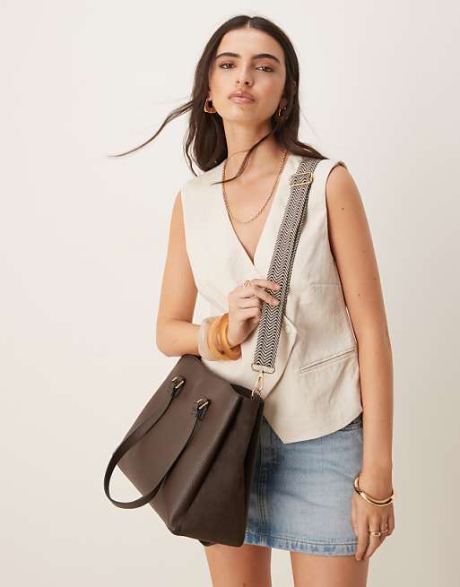 Accessorize webbing shoulder bag with faux suede in chocolate brown
