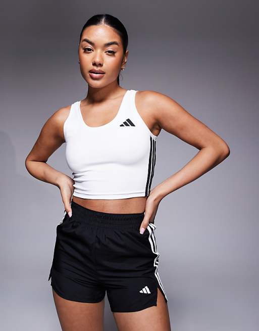 adidas Training 3 stripe cropped tank top in white