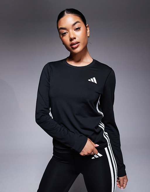 adidas Training 3 stripe long sleeve top in black