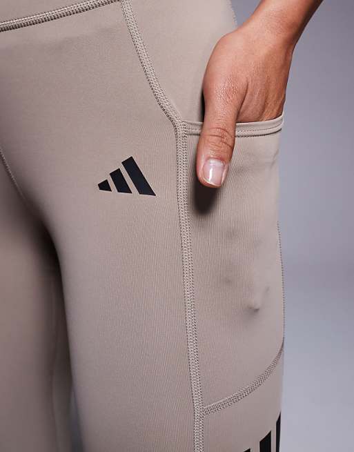 Adidas Training 7/8 Optime Leggings With Tonal 3 Stripe In Chalky Brown