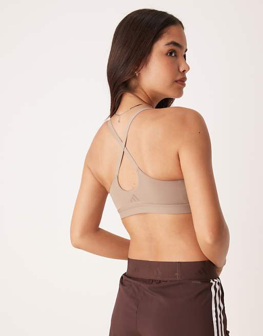 Adidas Training All Me Light Support Sports Bra In Chalky Brown