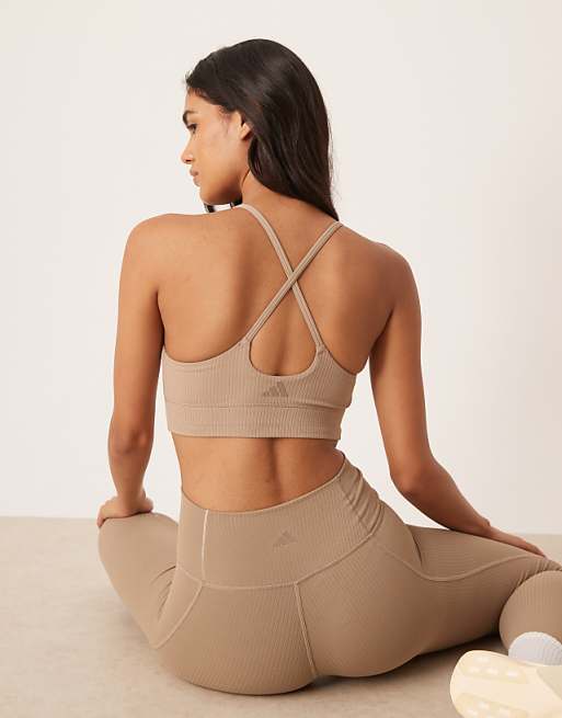 Adidas Training All Me Rib Light Support Sports Bra In Chalky Brown