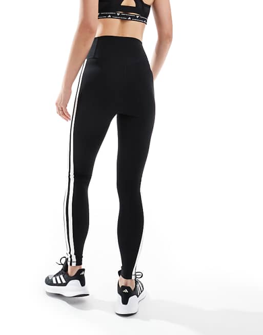 Adidas Training Essentials 3 Stripe Full Length Leggings In Black
