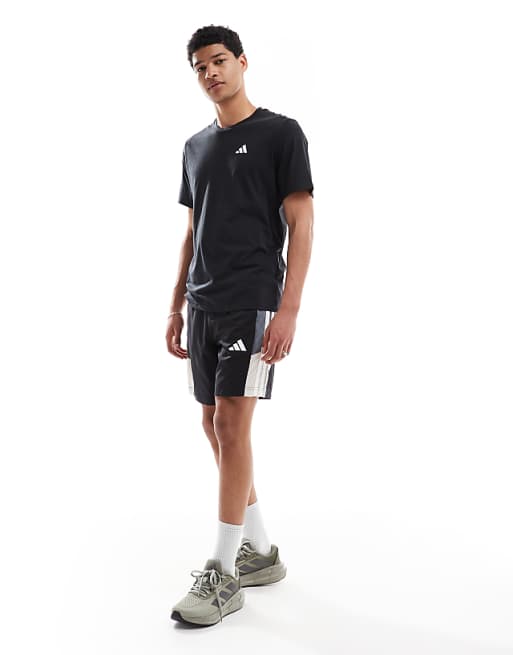 adidas Training Essentials 3 stripe shorts in black and grey block