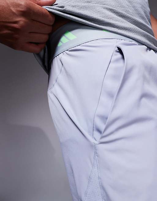 Adidas Training Gym+ 3 Stripe Shorts In Grey And Green Pop