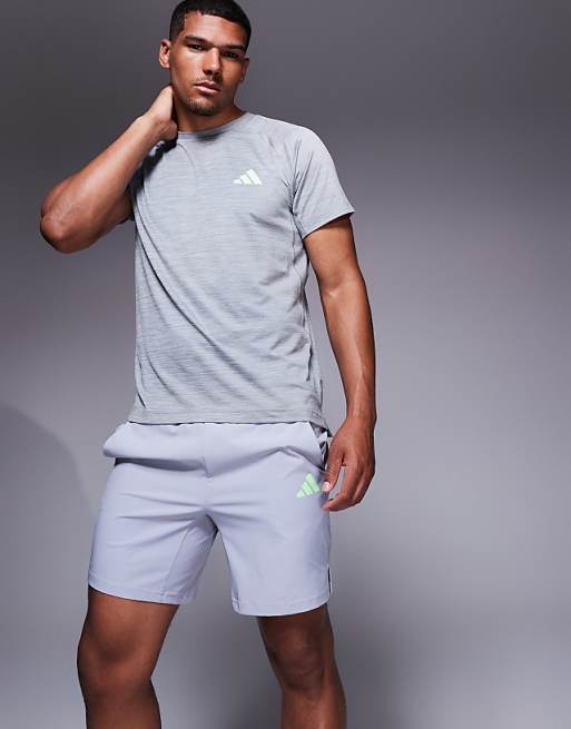 Adidas Training Gym+ 3 Stripe Shorts In Grey And Green Pop