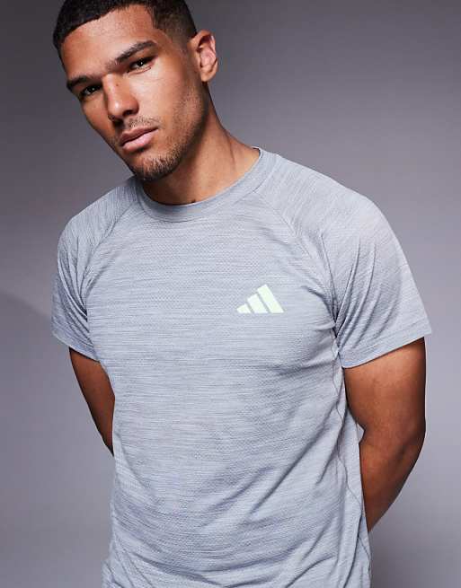 adidas Training Gym+ 3 stripe t-shirt in grey and green pop
