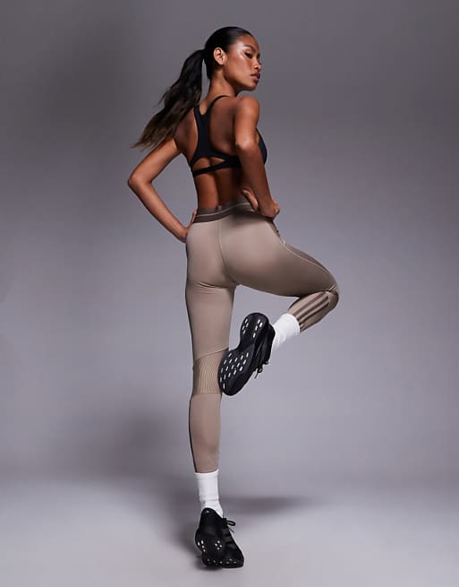 Adidas Training Hyperglam Rib Full Length Leggings In Chalky Brown