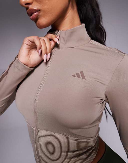Adidas Training Hyperglam Rib Zip Jacket In Chalky Brown