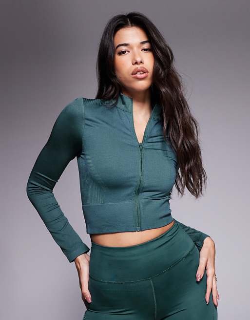 adidas Training knit zip cropped jacket in teal