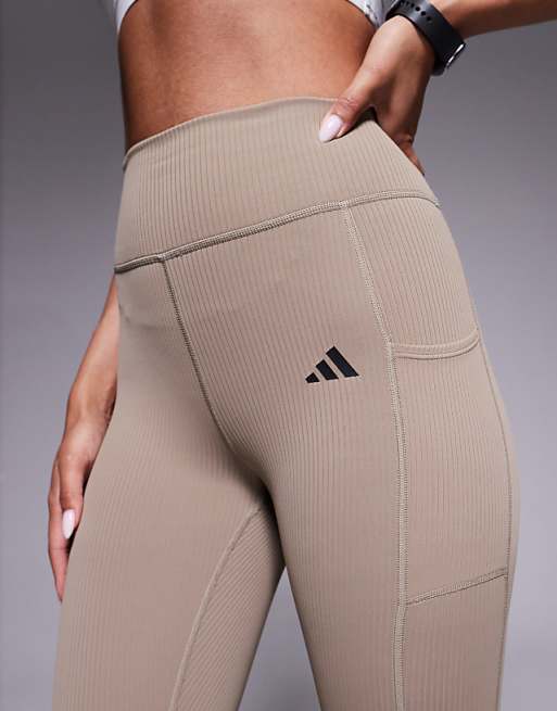 Adidas Training Optime 7/8 Rib Leggings In Chalky Brown