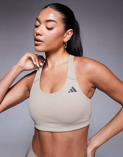 Adidas Training Power Mid Support Sports Bra In Chalky Brown