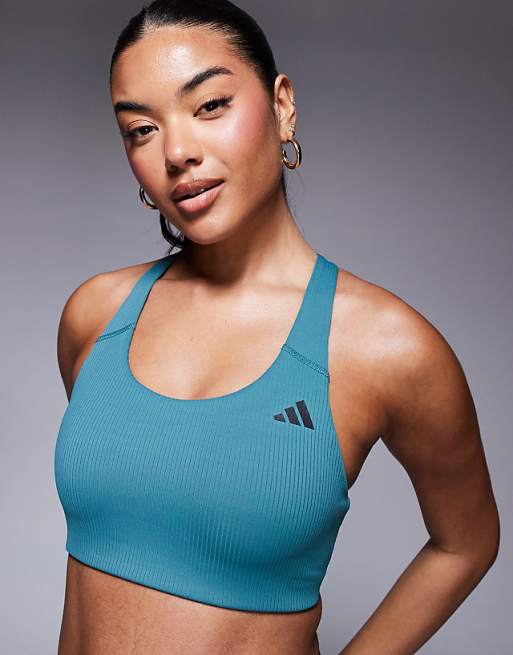Adidas Training Power Mid Support Sports Bra In Teal