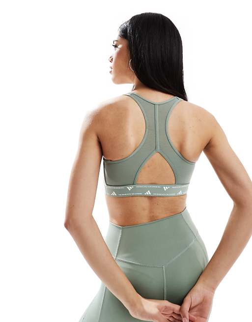 Adidas Training Power React Mid Support Sports Bra In Silver Green