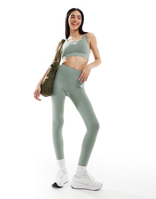 Adidas Training Power React Mid Support Sports Bra In Silver Green