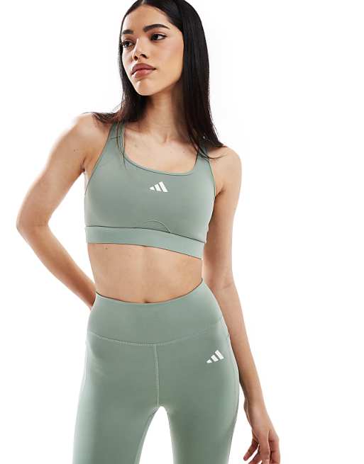 adidas Training Power React mid support sports bra in silver green