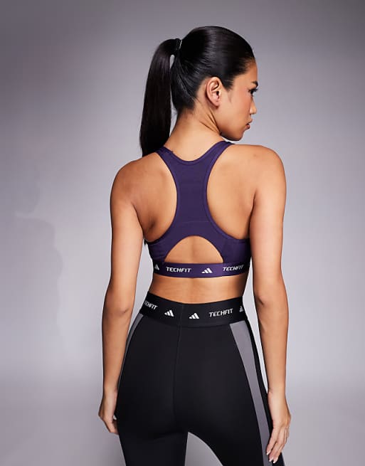 Adidas Training Tech Fit Mid Support Sports Bra In Purple