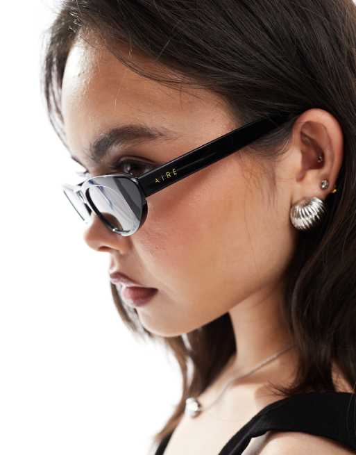 Aire Avior Slim Oval Sunglasses In Black With Smoke Lens