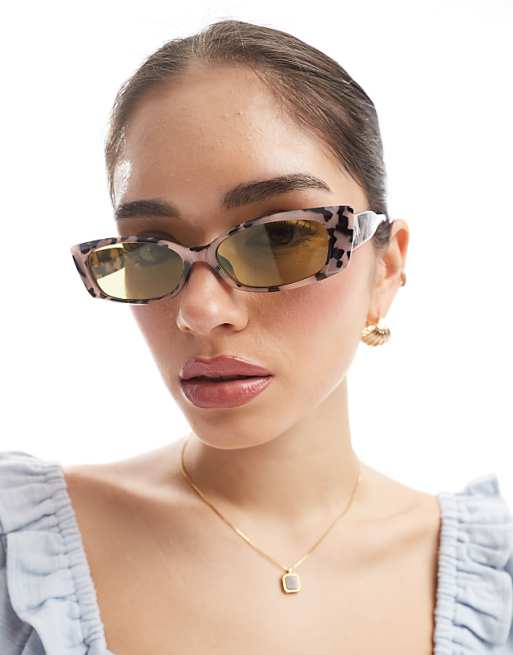 AIRE equinox pointed rectangle sunglasses in cookie tort with green lens