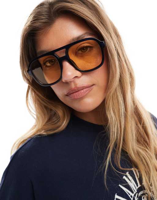 Aire Whirlpool Oversized Aviator Sunglasses In Navy With Golden Lens