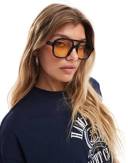 Aire Whirlpool oversized aviator sunglasses in navy with golden lens