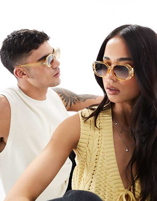 AJ Morgan Top Grade Hexagonal Sunglasses In Gold And Brown