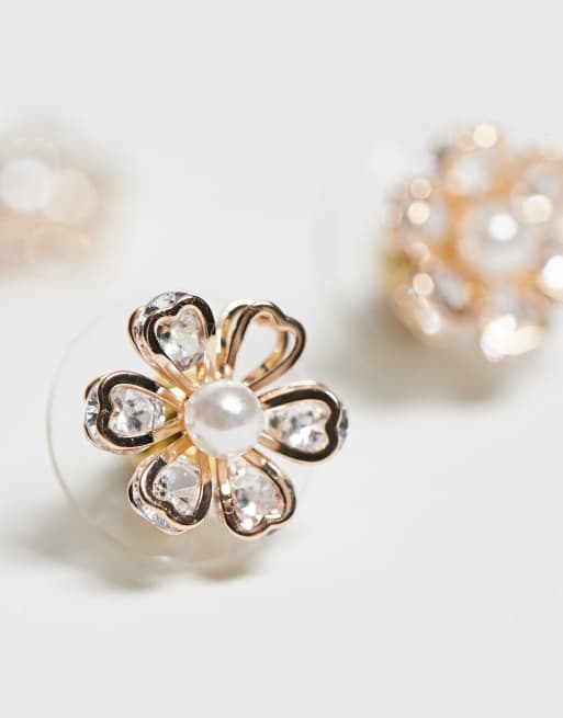ALDO Eirias Pack Of 3 Flower And Pearl Stud Drop Earrings In Gold