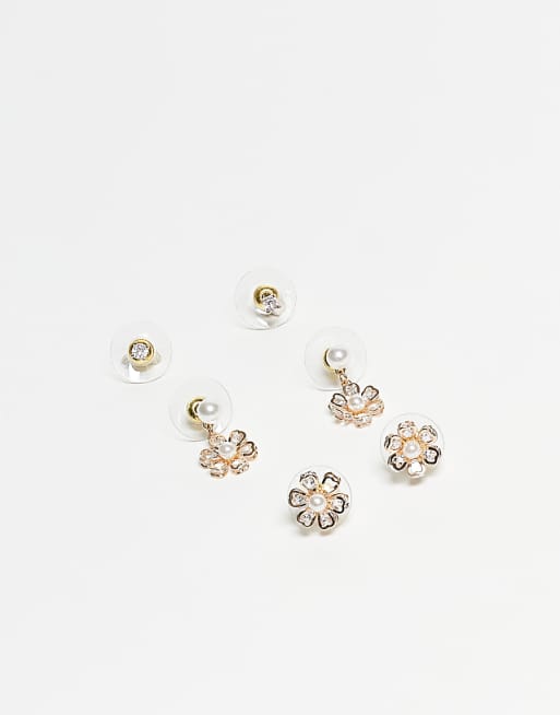 ALDO eirias pack of 3 flower and pearl stud drop earrings in gold
