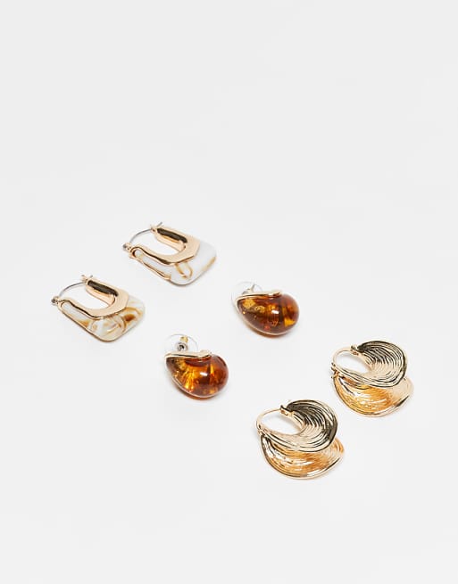 ALDO gligoni pack of 3 earrings in gold and brown resin