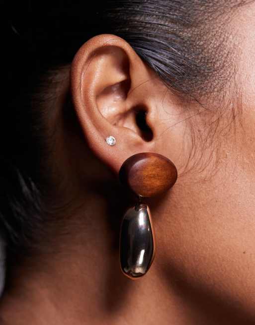 ALDO Teyrra Stud Drop Earrings In Gold And Wood Effect