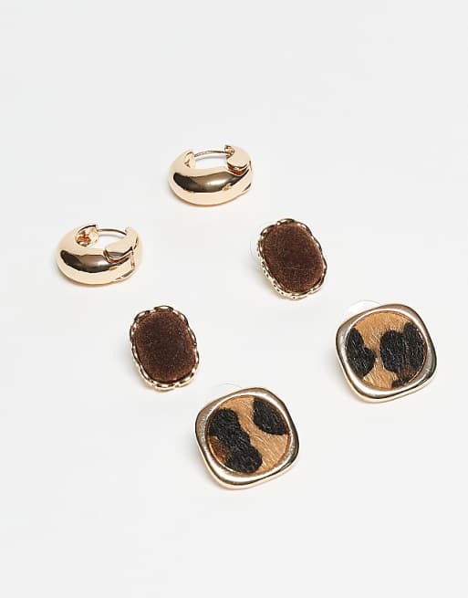 ALDO wildchic pack of 3 stud and hoop earrings in brown leopard
