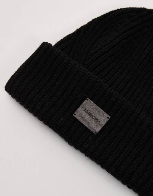 AllSaints Ribbed Leather Logo Beanie In Black