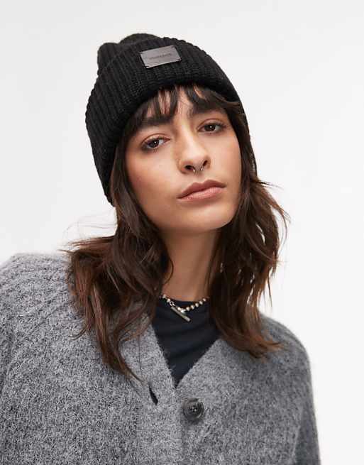 AllSaints ribbed leather logo beanie in black