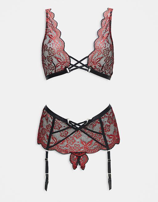 Ann Summers Brooke floral lace crotchless set in red