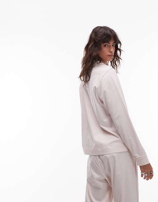 ARKET Mix And Match Cotton Long Sleeve Button Up Pyjama Top With White Contrast Piping In Beige