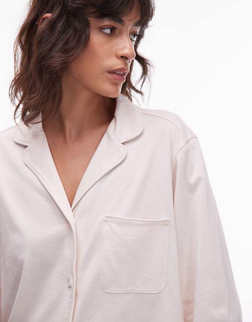 ARKET Mix And Match Cotton Long Sleeve Button Up Pyjama Top With White Contrast Piping In Beige