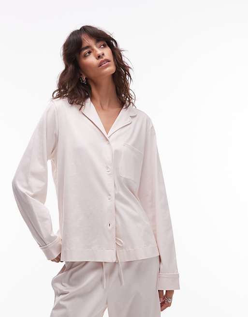 ARKET mix and match cotton long sleeve button up pyjama top with white contrast piping in beige