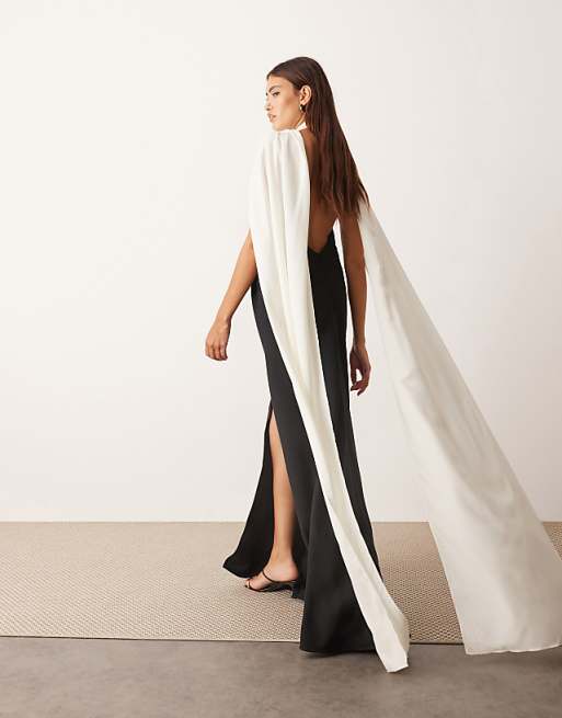 ARRANGE Crepe Column Maxi Dress With Contrast Drape Back In Black And White