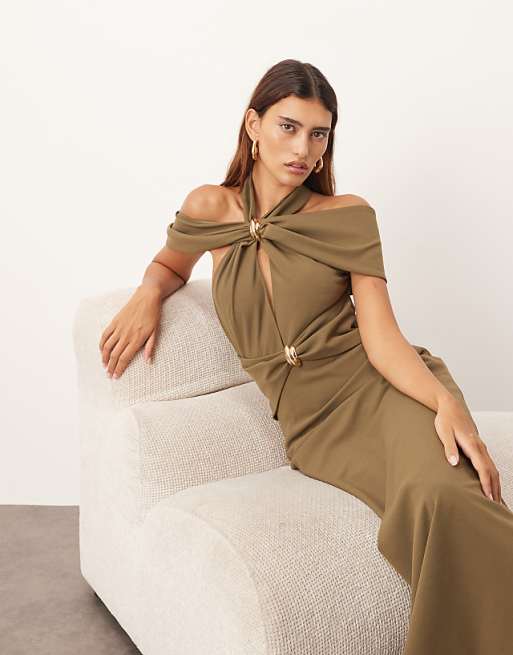 ARRANGE off shoulder halter maxi dress with gold hardware in olive