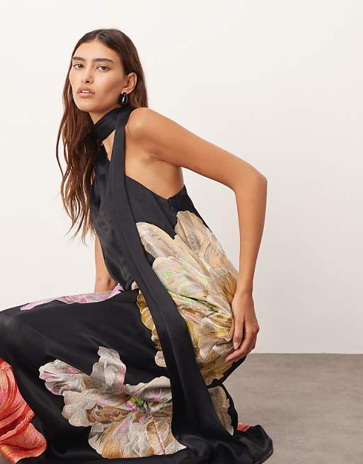 ARRANGE Supersize Floral Embroidered Scarf Neck One Shoulder Maxi Dress In Black