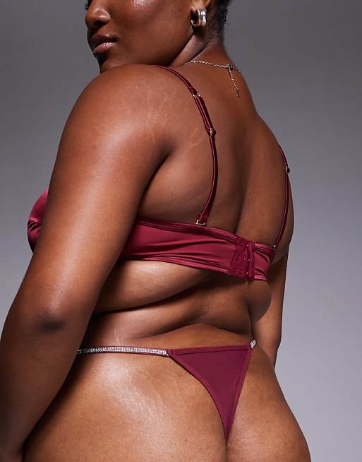 DEISGN Curve 2 Pack Diamante Tanga Thong In Cherry Red & Burgundy