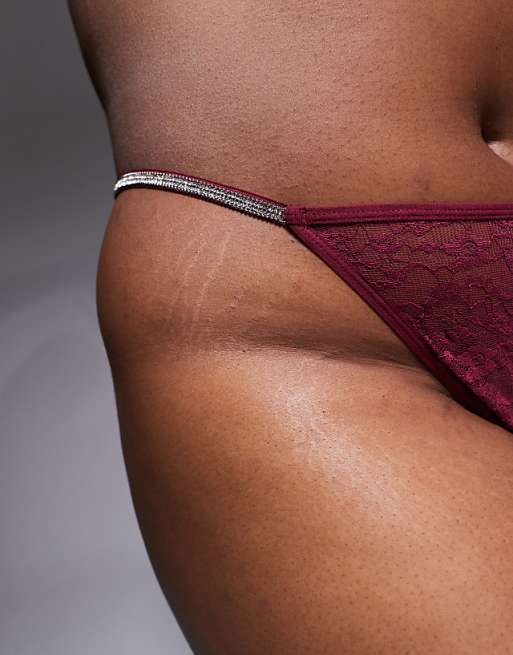 DEISGN Curve 2 Pack Diamante Tanga Thong In Cherry Red & Burgundy