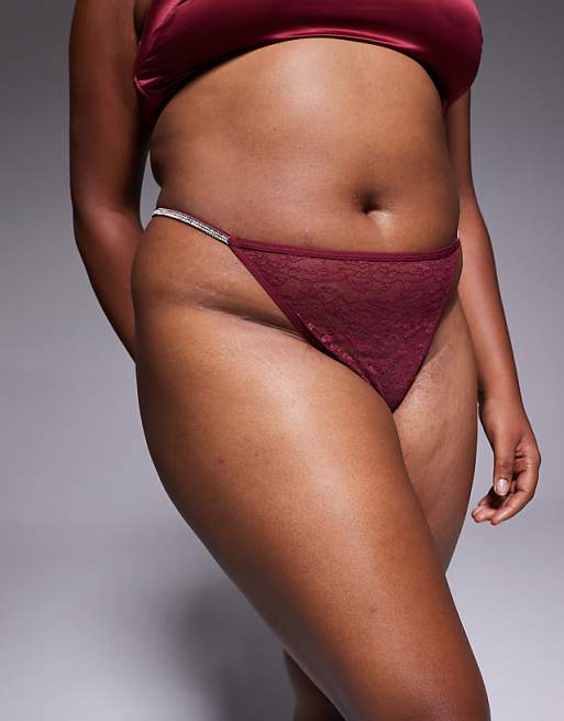 DEISGN Curve 2 pack diamante tanga thong in cherry red & burgundy