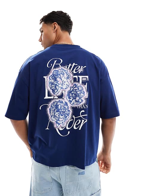 DESGIN boxy oversized t-shirt with floral graphic in navy