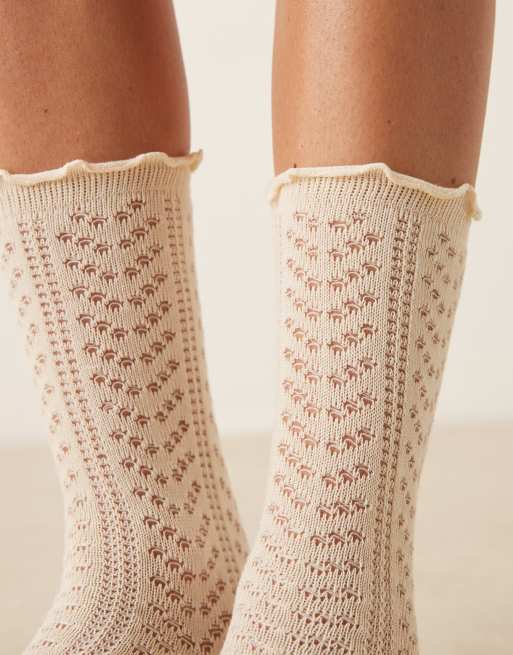 DESGIN Pointelle Ankle Socks With Frill Edge In Ecru