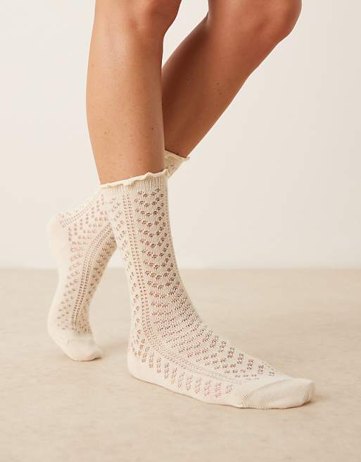 DESGIN pointelle ankle socks with frill edge in ecru
