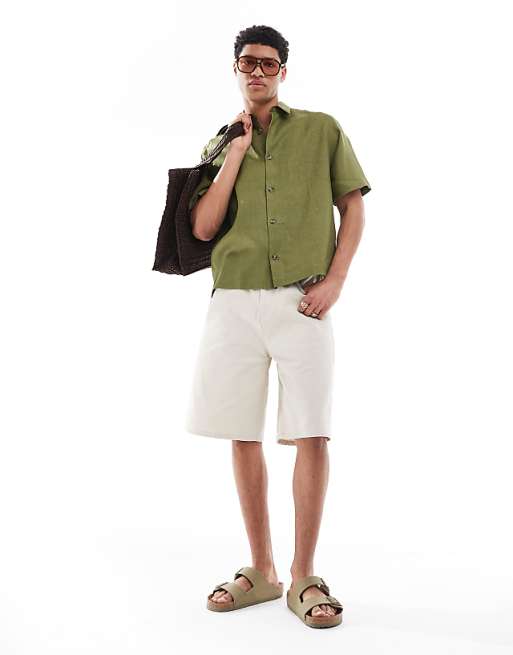 DESIGN 100% Linen Boxy Regular Shirt In Dusty Green