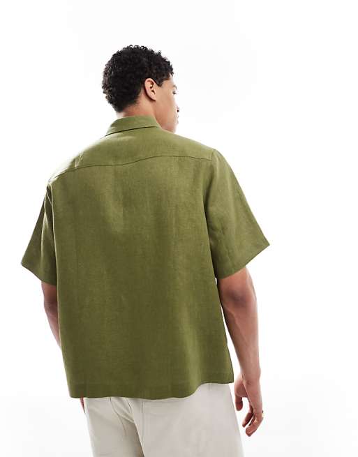 DESIGN 100% Linen Boxy Regular Shirt In Dusty Green