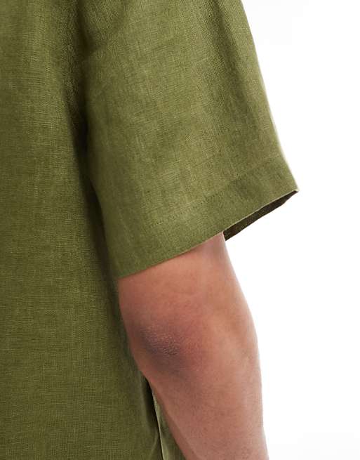 DESIGN 100% Linen Boxy Regular Shirt In Dusty Green