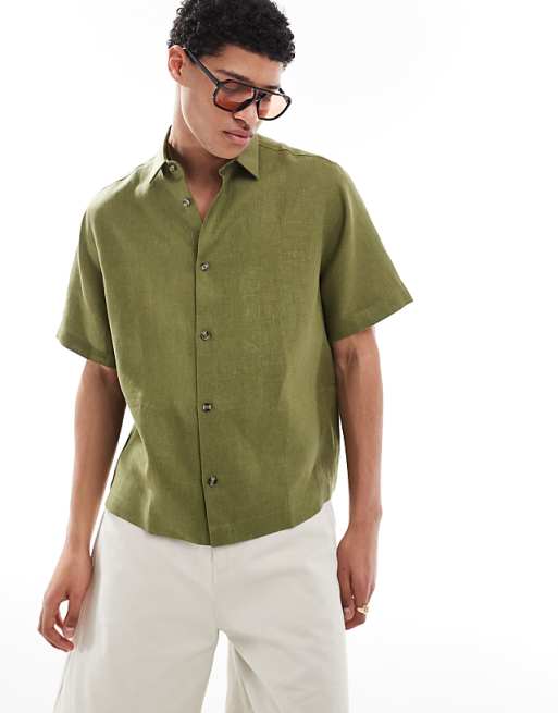DESIGN 100% linen boxy regular shirt in dusty green